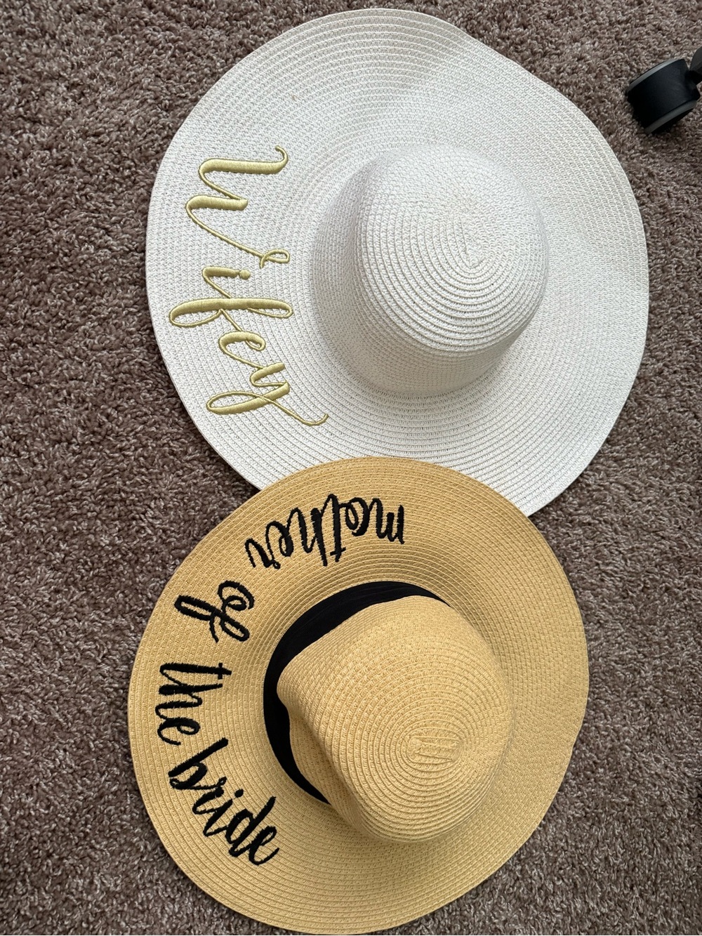 Matching Wide-Brim Straw Sun Hats - White "Wifey" & Tan "Mother of the Bride"